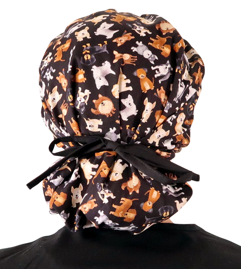 Stylish American Made Banded Bouffant Ponytail Scrub Cap - Puppy Parade with Black Ties - Banded Bouffant Surgical Scrub Caps - Sparkling EARTH