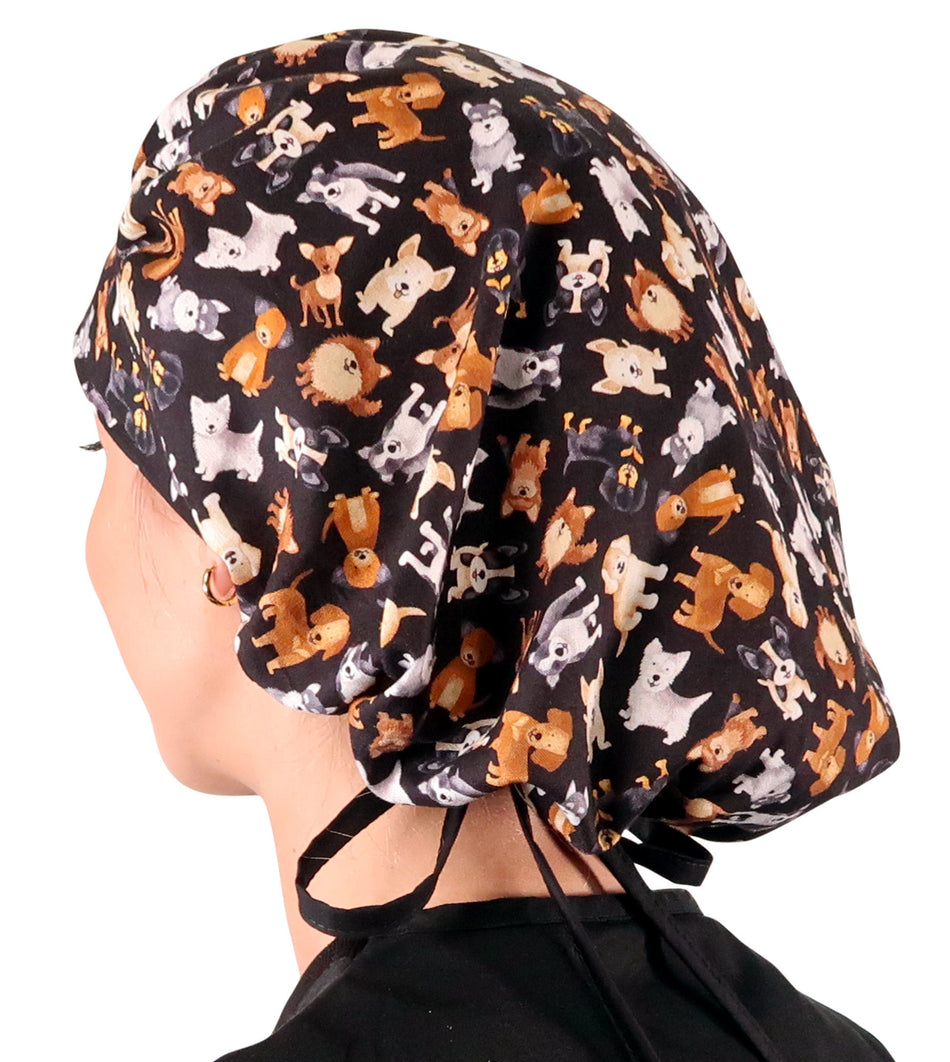 Stylish American Made Banded Bouffant Ponytail Scrub Cap - Puppy Parade with Black Ties - Banded Bouffant Surgical Scrub Caps - Sparkling EARTH