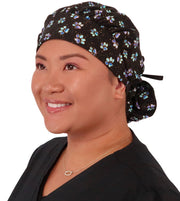 Banded Bouffant Surgical Scrub Cap - Magical Metallic Paw Prints with Black Ties - Banded Bouffant Surgical Scrub Caps - Sparkling EARTH