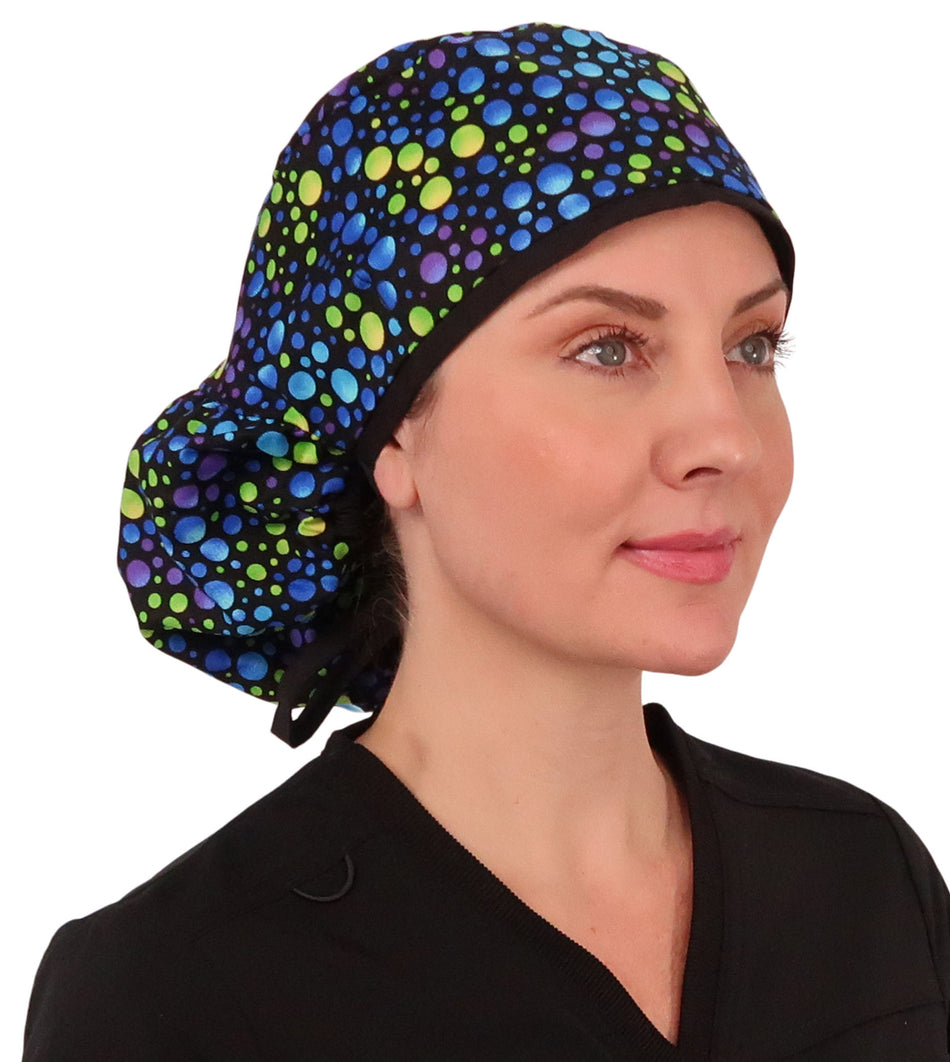 Big Hair Ponytail Surgical Scrub Cap - Perfect Scrub Cap for Long Hair - Blue, Green & Purple Dots with Black Ties - Big Hair Surgical Scrub Caps - Sparkling EARTH