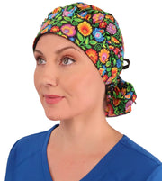 Banded Bouffant Surgical Scrub Cap - Gorgeous Garden with Black Ties - Banded Bouffant Surgical Scrub Caps - Sparkling EARTH