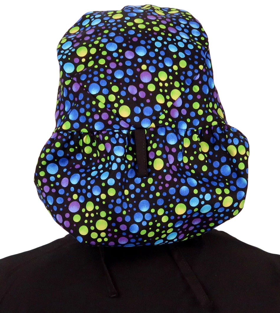 Big Hair Ponytail Surgical Scrub Cap - Perfect Scrub Cap for Long Hair - Blue, Green & Purple Dots with Black Ties - Big Hair Surgical Scrub Caps - Sparkling EARTH