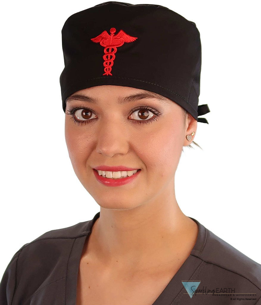 Embellished Surgical Scrub Cap - Black Cap with Red Caduceus Patch - Surgical Scrub Caps - Sparkling EARTH