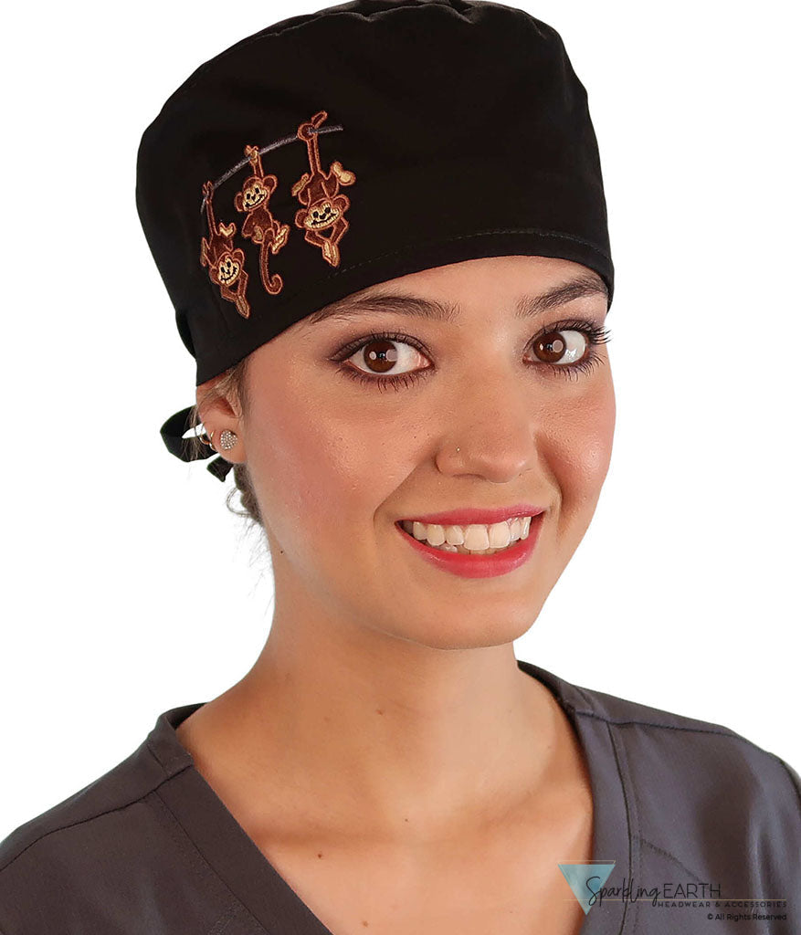 Embellished Surgical Scrub Cap - Black Cap with Three Monkeys Patch - Surgical Scrub Caps - Sparkling EARTH