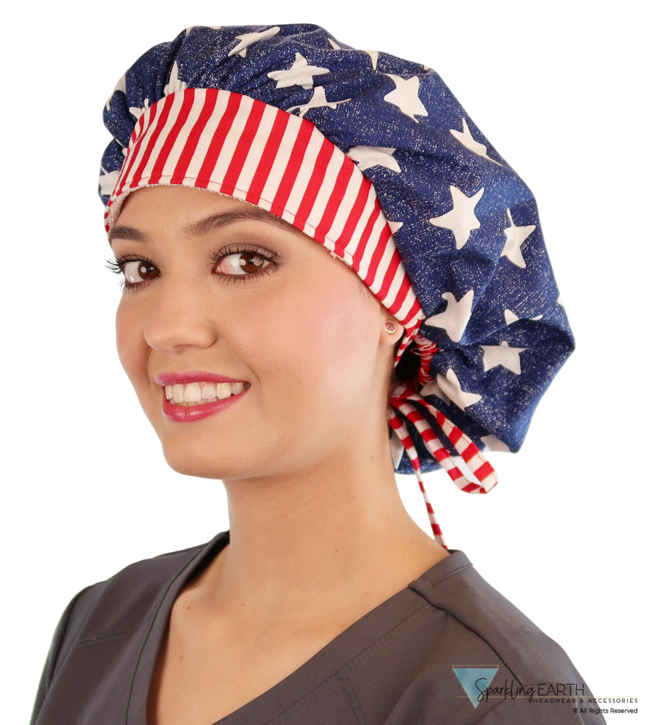 Big Hair Ponytail Surgical Scrub Cap American Pride Banded Bouffant Surgical Scrub Caps