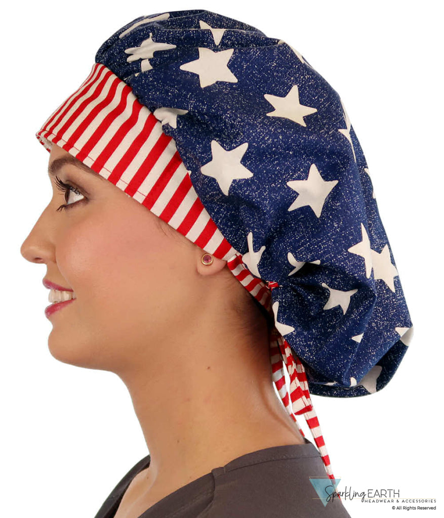 Big Hair Ponytail Surgical Scrub Cap American Pride Banded Bouffant Surgical Scrub Caps