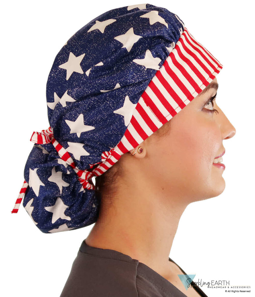 Big Hair Ponytail Surgical Scrub Cap American Pride Banded Bouffant Surgical Scrub Caps