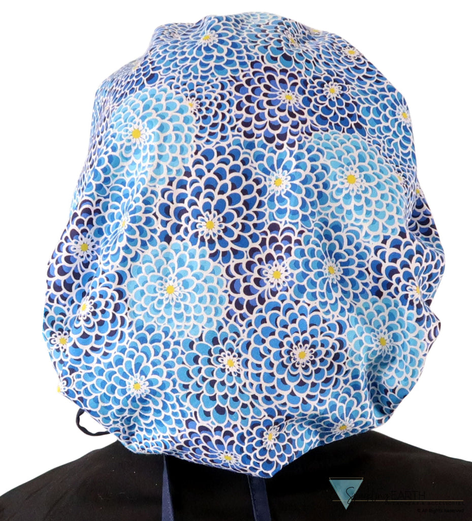Banded Bouffant Ponytail Scrub Cap - Blue Dahlia Dreams with Navy Ties Banded Bouffant Surgical Scrub Caps