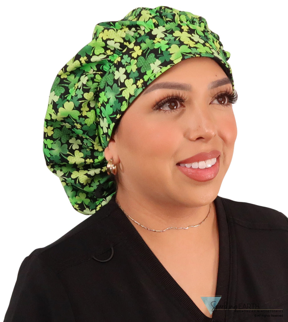 Banded Bouffant Surgical Scrub Cap - Clover Clusters with Black Ties - Banded Bouffant Surgical Scrub Caps - Sparkling EARTH