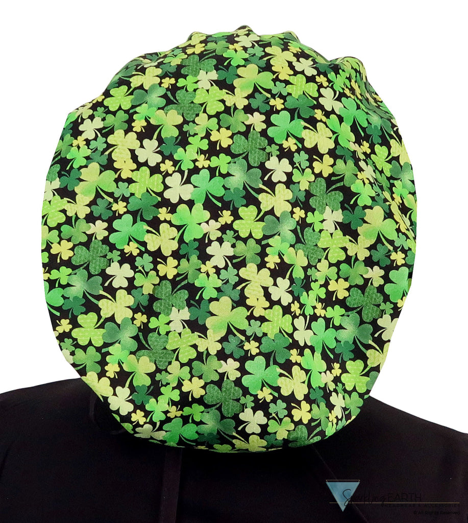 Banded Bouffant Surgical Scrub Cap - Clover Clusters with Black Ties - Banded Bouffant Surgical Scrub Caps - Sparkling EARTH