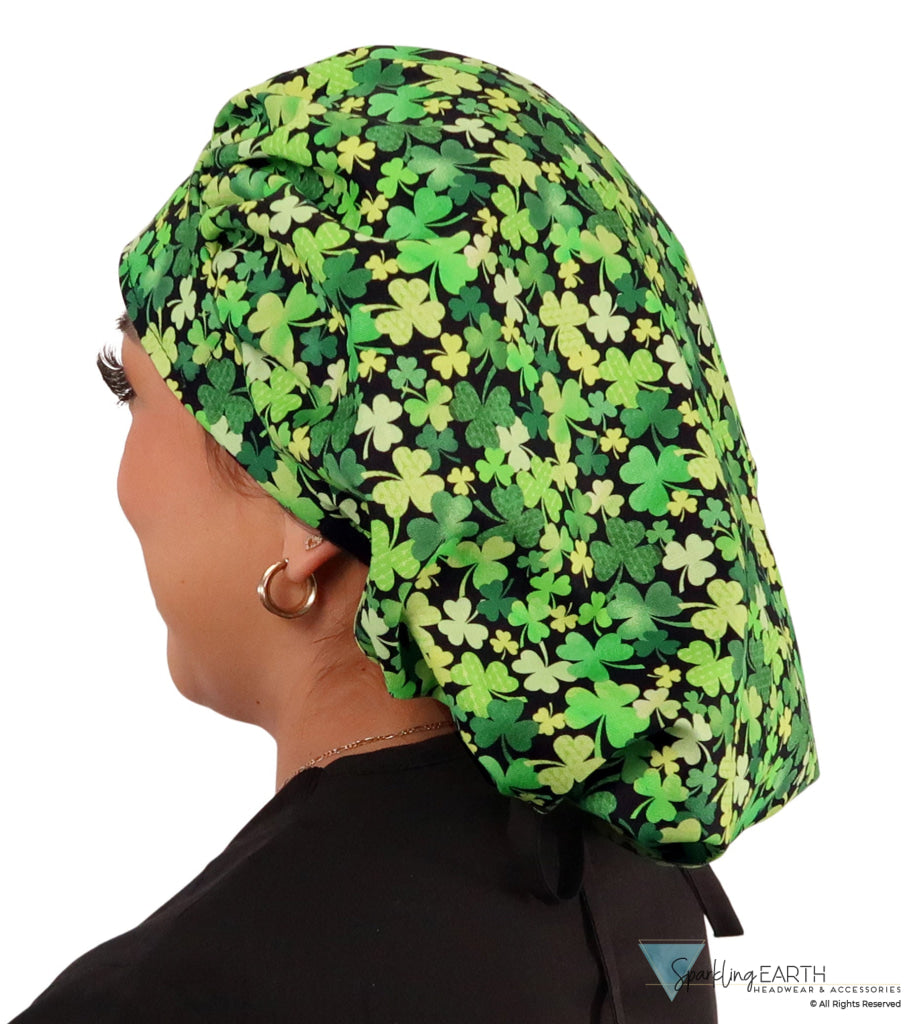 Banded Bouffant Surgical Scrub Cap - Clover Clusters with Black Ties - Banded Bouffant Surgical Scrub Caps - Sparkling EARTH
