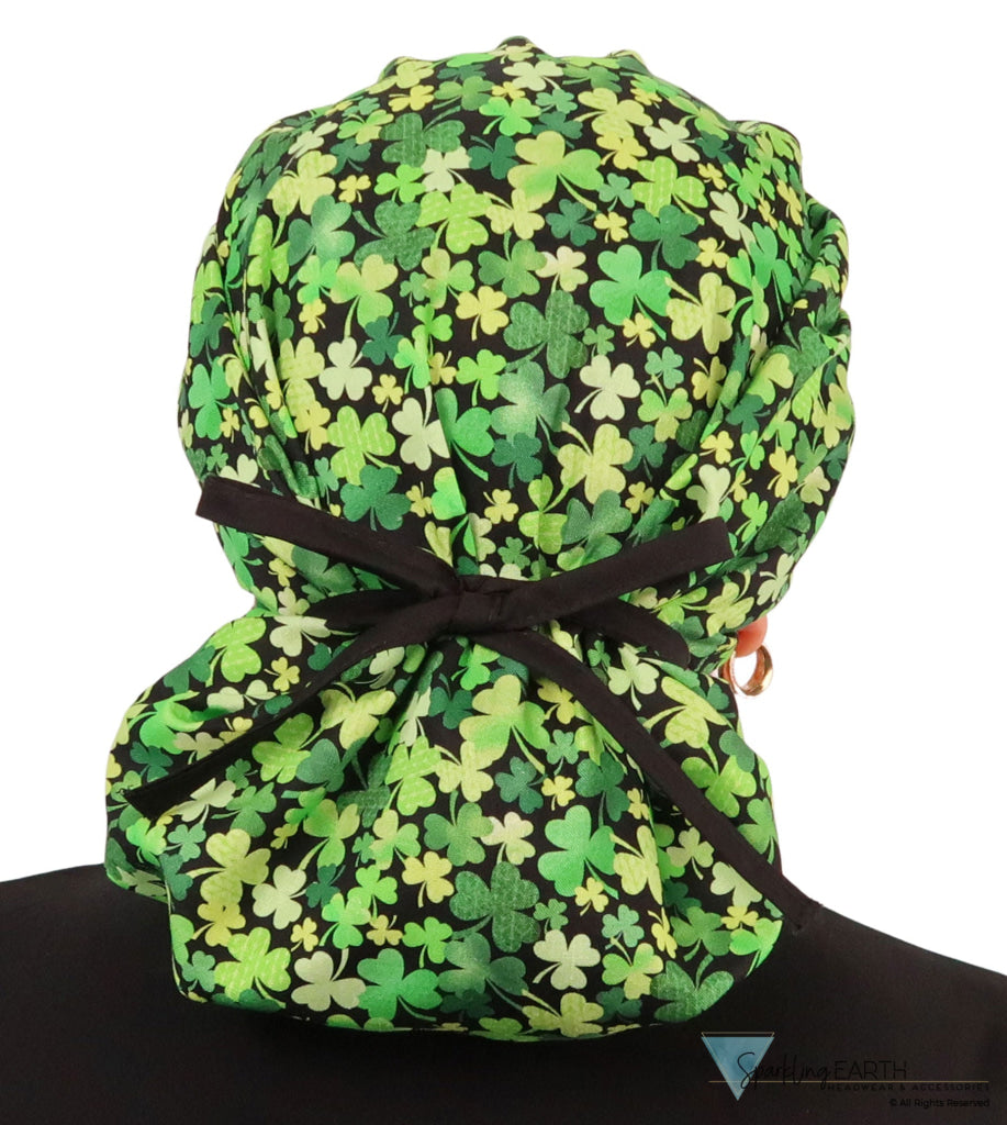 Banded Bouffant Surgical Scrub Cap - Clover Clusters with Black Ties - Banded Bouffant Surgical Scrub Caps - Sparkling EARTH