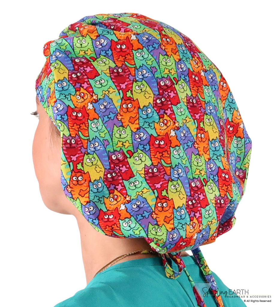 Banded Bouffant Ponytail Scrub Cap - Colorful Cats Meow - Banded Bouffant Surgical Scrub Caps - Sparkling EARTH