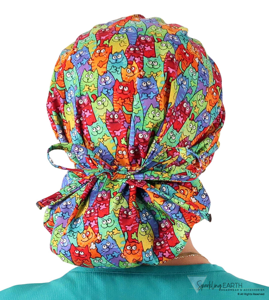 Banded Bouffant Ponytail Scrub Cap - Colorful Cats Meow - Banded Bouffant Surgical Scrub Caps - Sparkling EARTH