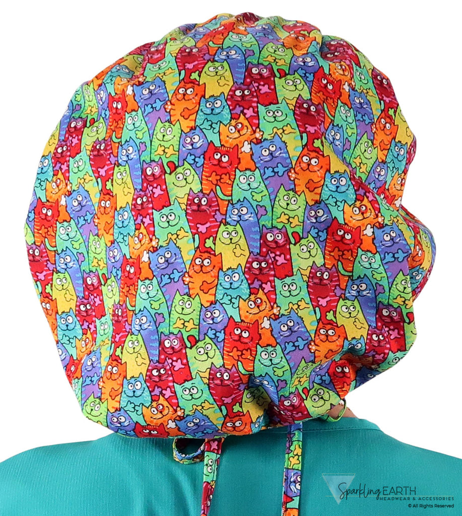 Banded Bouffant Ponytail Scrub Cap - Colorful Cats Meow - Banded Bouffant Surgical Scrub Caps - Sparkling EARTH