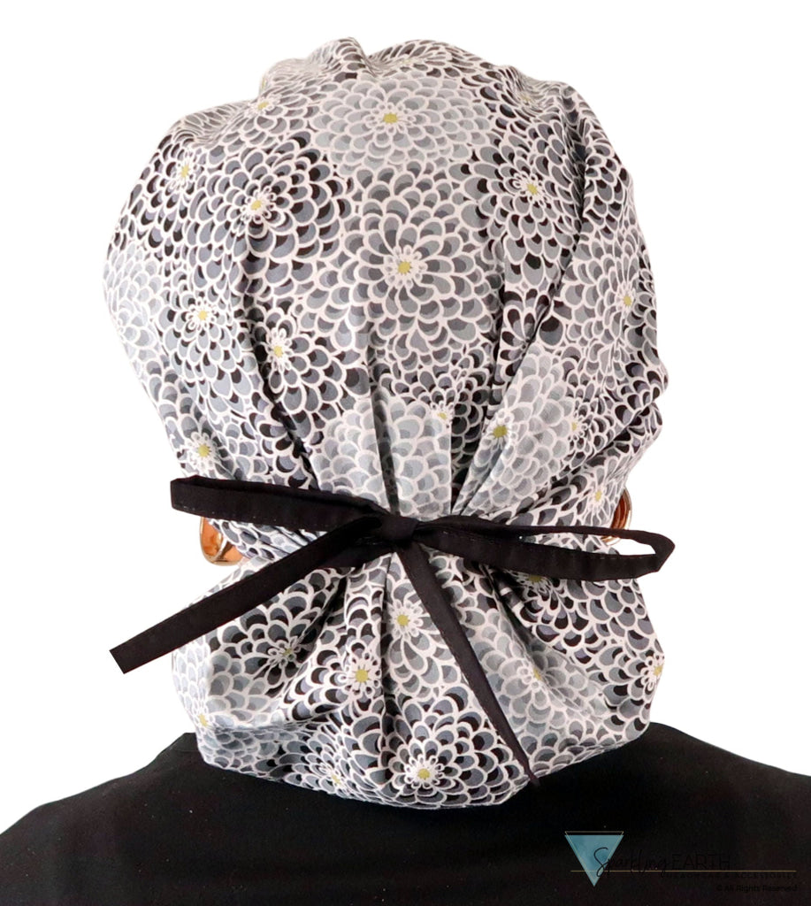 Banded Bouffant Ponytail Scrub Cap Dazzling Dahlias Black & Grey with Black Ties Banded Bouffant Surgical Scrub Caps