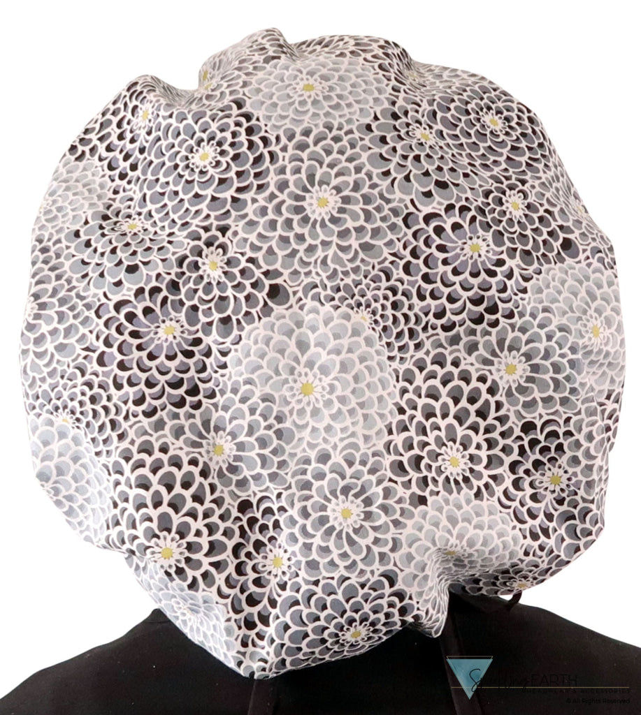 Banded Bouffant Ponytail Scrub Cap Dazzling Dahlias Black & Grey with Black Ties Banded Bouffant Surgical Scrub Caps