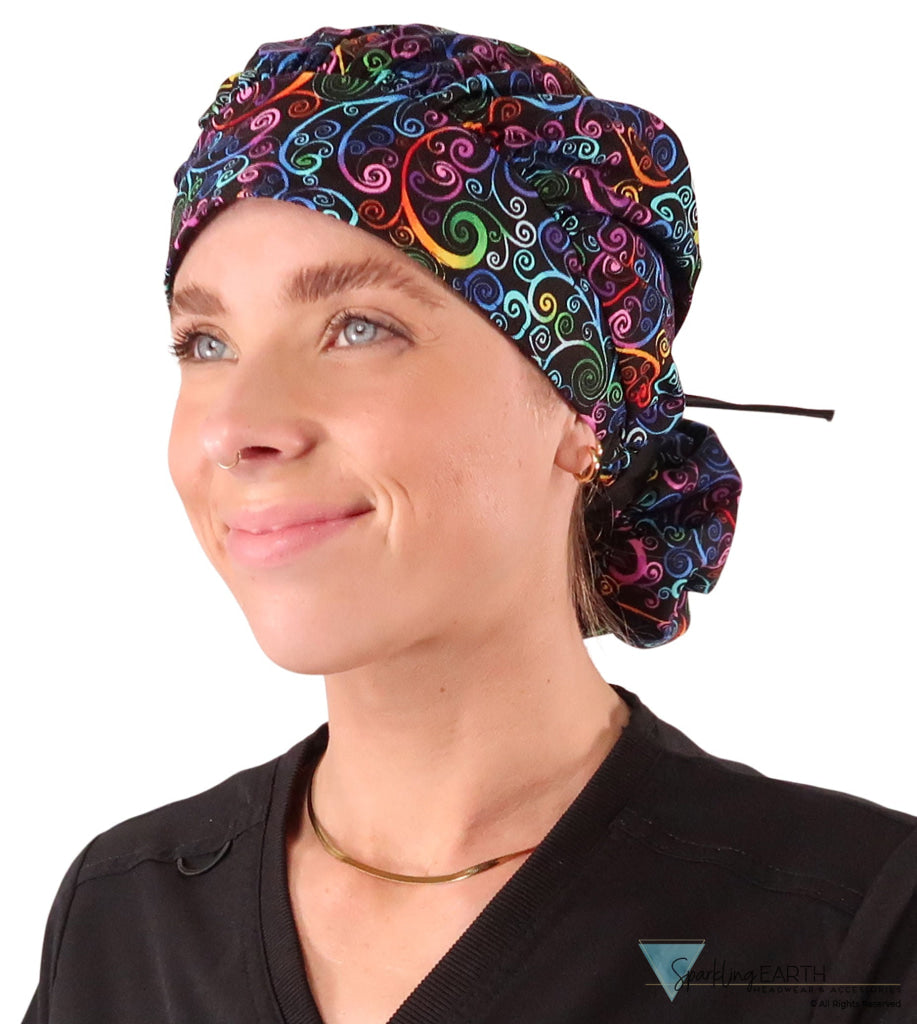 Banded Bouffant Ponytail Scrub Cap - Ethereal Kaleidoscope with Black Ties - Banded Bouffant Surgical Scrub Caps - Sparkling EARTH