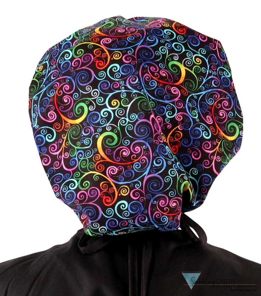 Banded Bouffant Ponytail Scrub Cap - Ethereal Kaleidoscope with Black Ties - Banded Bouffant Surgical Scrub Caps - Sparkling EARTH