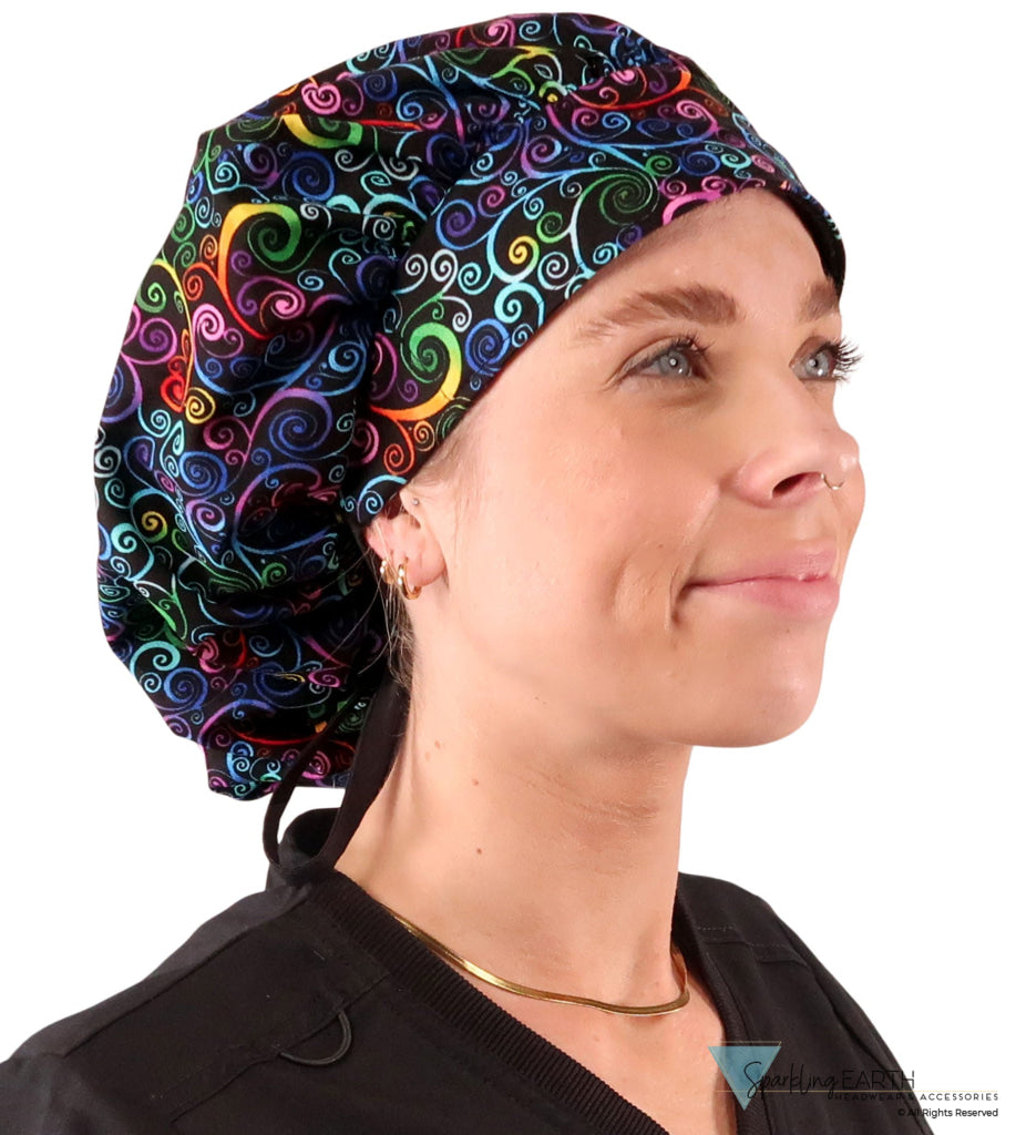 Banded Bouffant Ponytail Scrub Cap - Ethereal Kaleidoscope with Black Ties - Banded Bouffant Surgical Scrub Caps - Sparkling EARTH