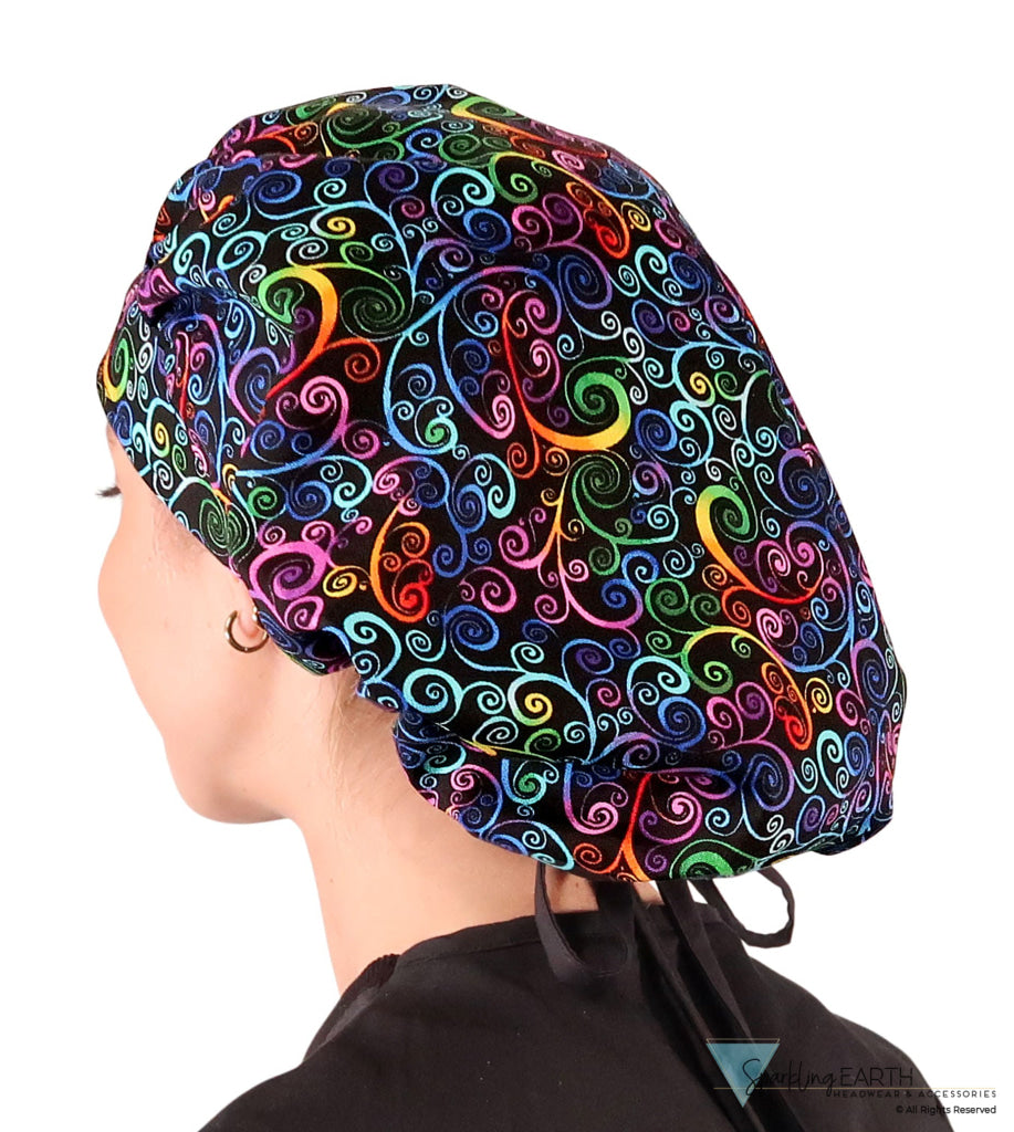 Banded Bouffant Ponytail Scrub Cap - Ethereal Kaleidoscope with Black Ties - Banded Bouffant Surgical Scrub Caps - Sparkling EARTH