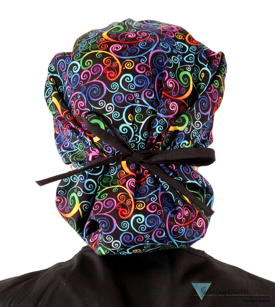 Banded Bouffant Ponytail Scrub Cap - Ethereal Kaleidoscope with Black Ties - Banded Bouffant Surgical Scrub Caps - Sparkling EARTH