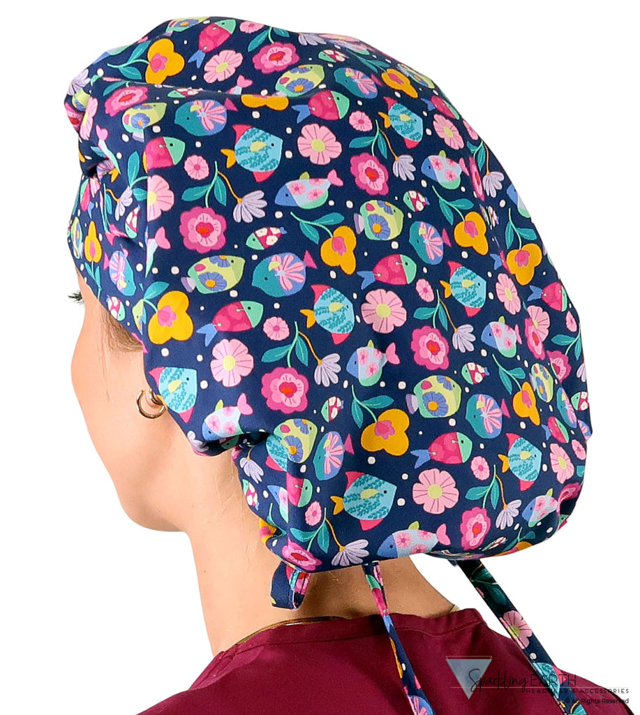Banded Bouffant Ponytail Scrub Cap - Fabulous Fishies - Banded Bouffant Surgical Scrub Caps - Sparkling EARTH