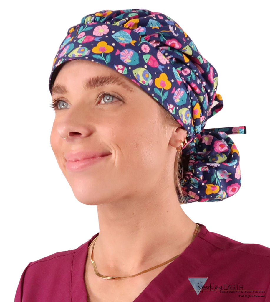 Banded Bouffant Ponytail Scrub Cap - Fabulous Fishies - Banded Bouffant Surgical Scrub Caps - Sparkling EARTH