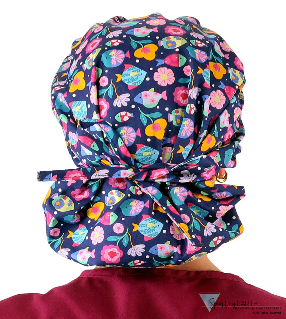 Banded Bouffant Ponytail Scrub Cap - Fabulous Fishies - Banded Bouffant Surgical Scrub Caps - Sparkling EARTH