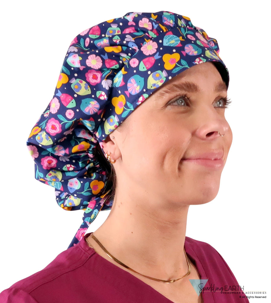 Banded Bouffant Ponytail Scrub Cap - Fabulous Fishies - Banded Bouffant Surgical Scrub Caps - Sparkling EARTH