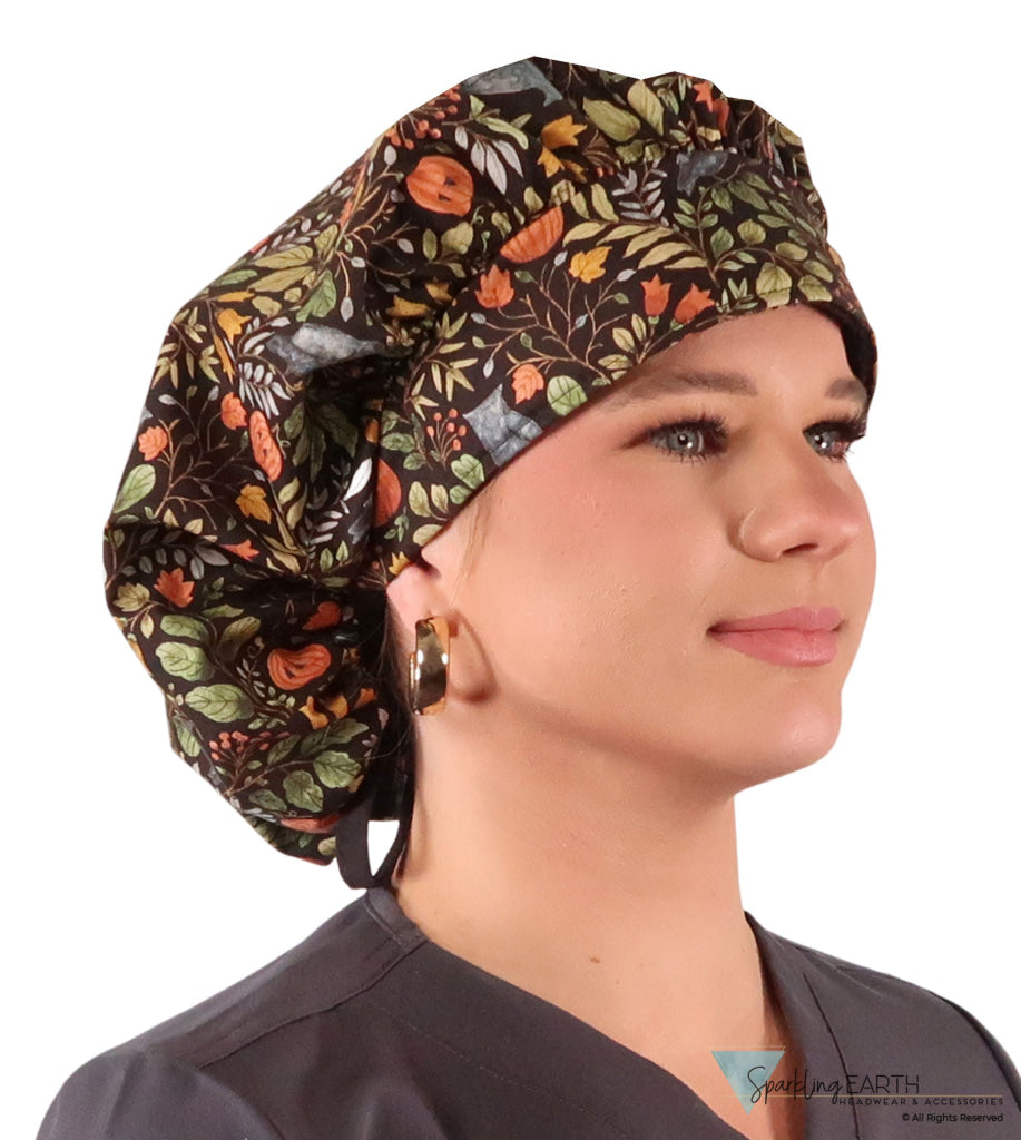 Banded Bouffant Ponytail Scrub Cap - Fall Fantasy with Black Ties Banded Bouffant Surgical Scrub Caps
