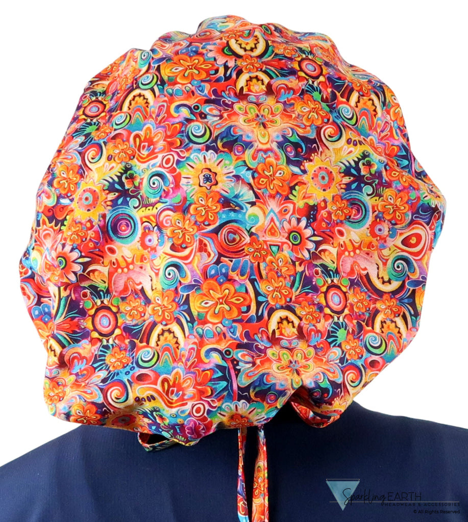 Banded Bouffant Ponytail Scrub Cap - Floral Fury Banded Bouffant Surgical Scrub Caps