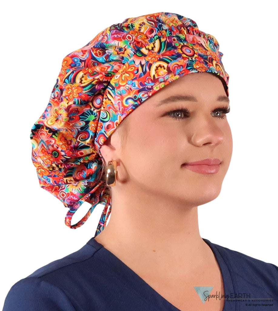 Banded Bouffant Ponytail Scrub Cap - Floral Fury Banded Bouffant Surgical Scrub Caps