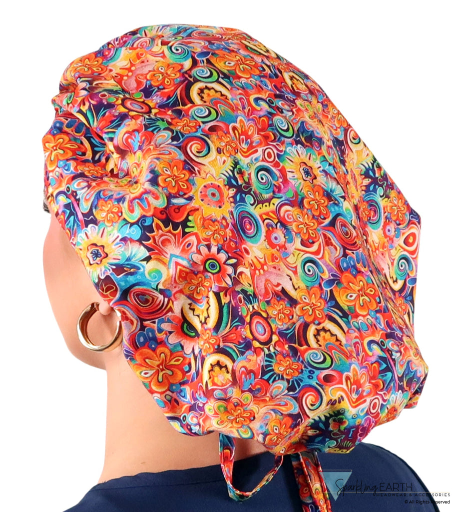 Banded Bouffant Ponytail Scrub Cap - Floral Fury Banded Bouffant Surgical Scrub Caps