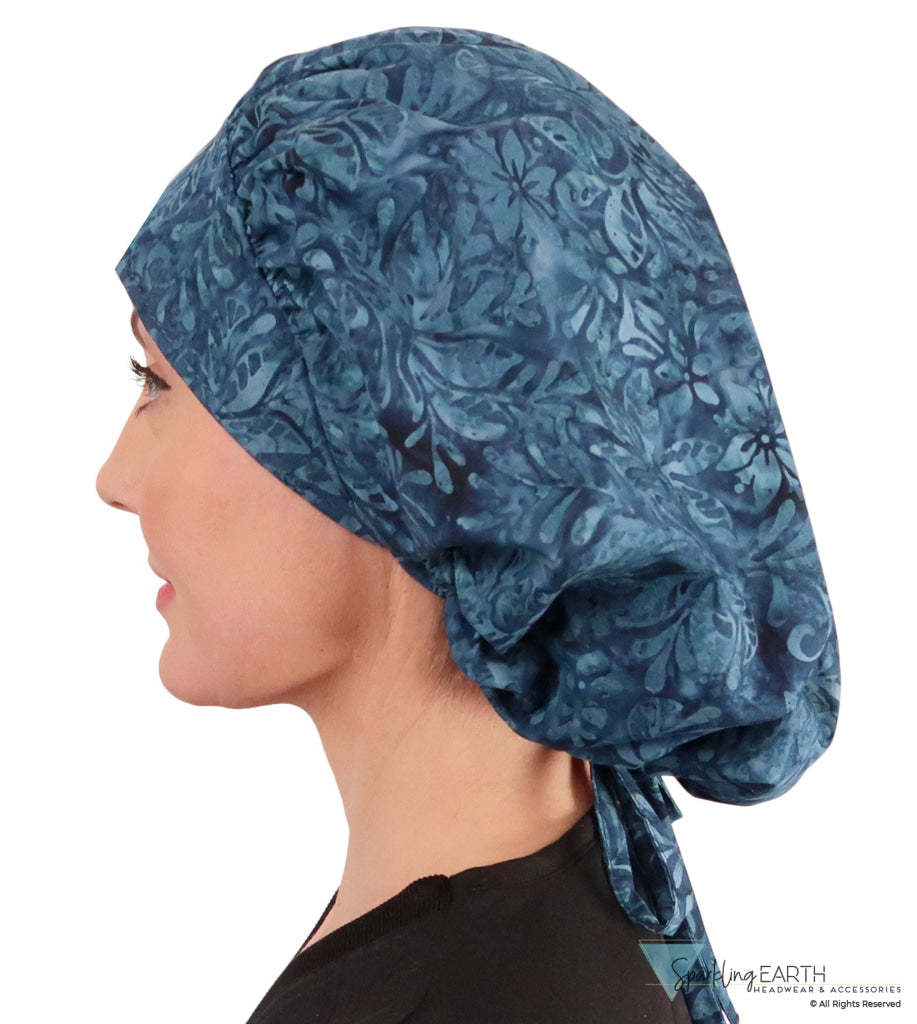 Banded Bouffant Surgical Scrub Cap - Fresh Floral Batik in Blue - Banded Bouffant Surgical Scrub Caps - Sparkling EARTH