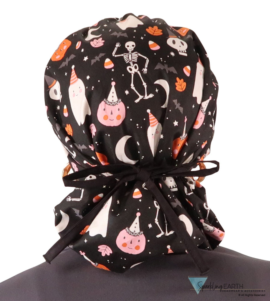 Banded Bouffant Ponytail Scrub Cap - Ghostly Gala with Black Ties Banded Bouffant Surgical Scrub Caps