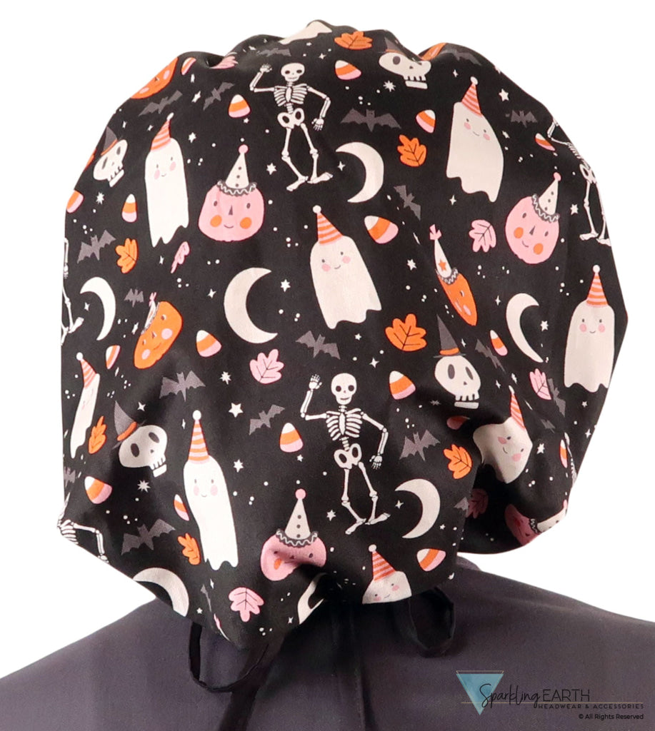 Banded Bouffant Ponytail Scrub Cap - Ghostly Gala with Black Ties Banded Bouffant Surgical Scrub Caps