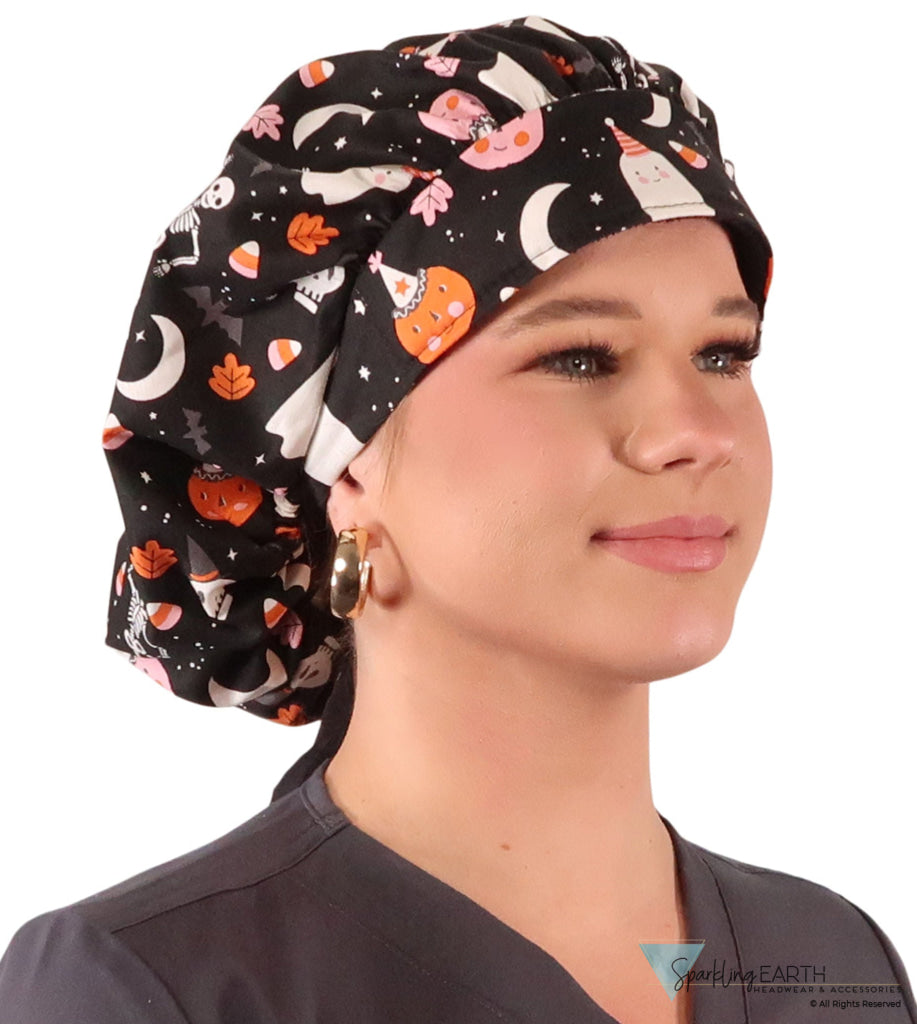 Banded Bouffant Ponytail Scrub Cap - Ghostly Gala with Black Ties Banded Bouffant Surgical Scrub Caps