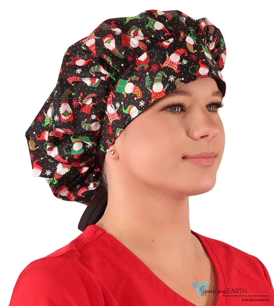 Banded Bouffant Ponytail Scrub Cap - Gnomes For The Holidays with Black Ties Banded Bouffant Surgical Scrub Caps