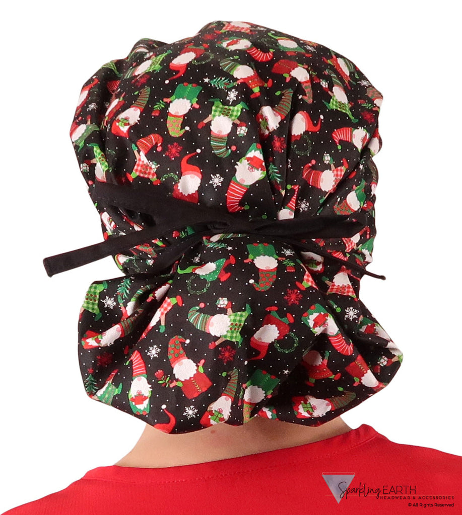 Banded Bouffant Ponytail Scrub Cap - Gnomes For The Holidays with Black Ties Banded Bouffant Surgical Scrub Caps