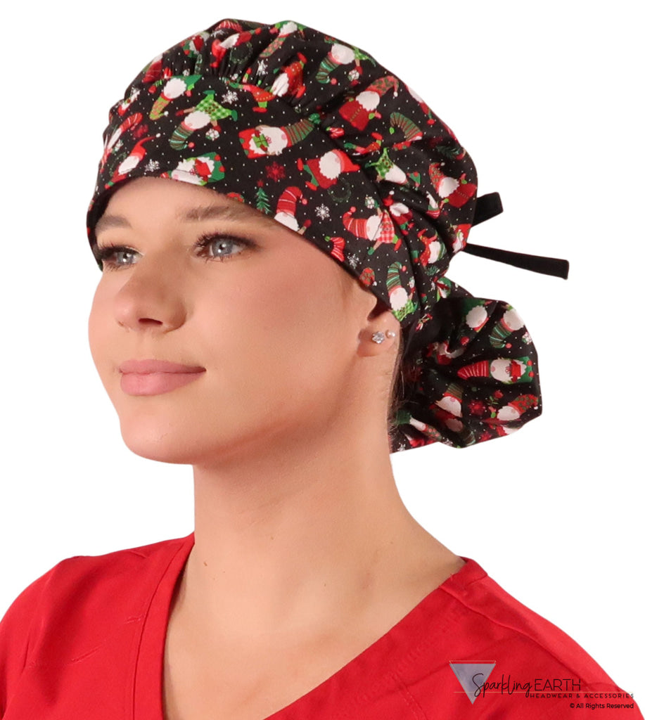 Banded Bouffant Ponytail Scrub Cap - Gnomes For The Holidays with Black Ties Banded Bouffant Surgical Scrub Caps