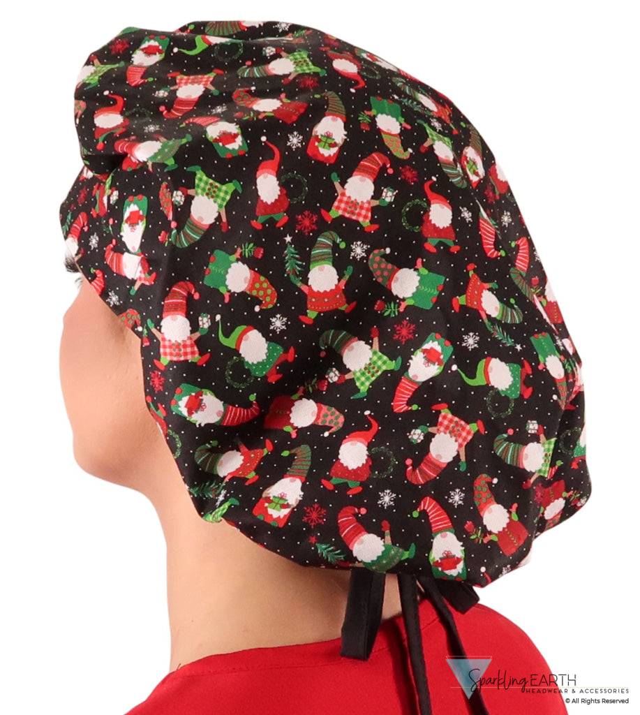 Banded Bouffant Ponytail Scrub Cap - Gnomes For The Holidays with Black Ties Banded Bouffant Surgical Scrub Caps