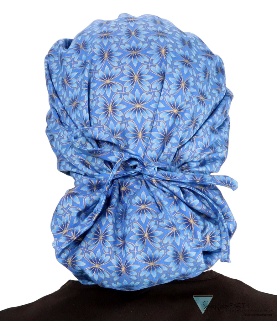 Banded Bouffant Surgical Scrub Cap - Golden Metallic Blue Blossoms - Banded Bouffant Surgical Scrub Caps - Sparkling EARTH