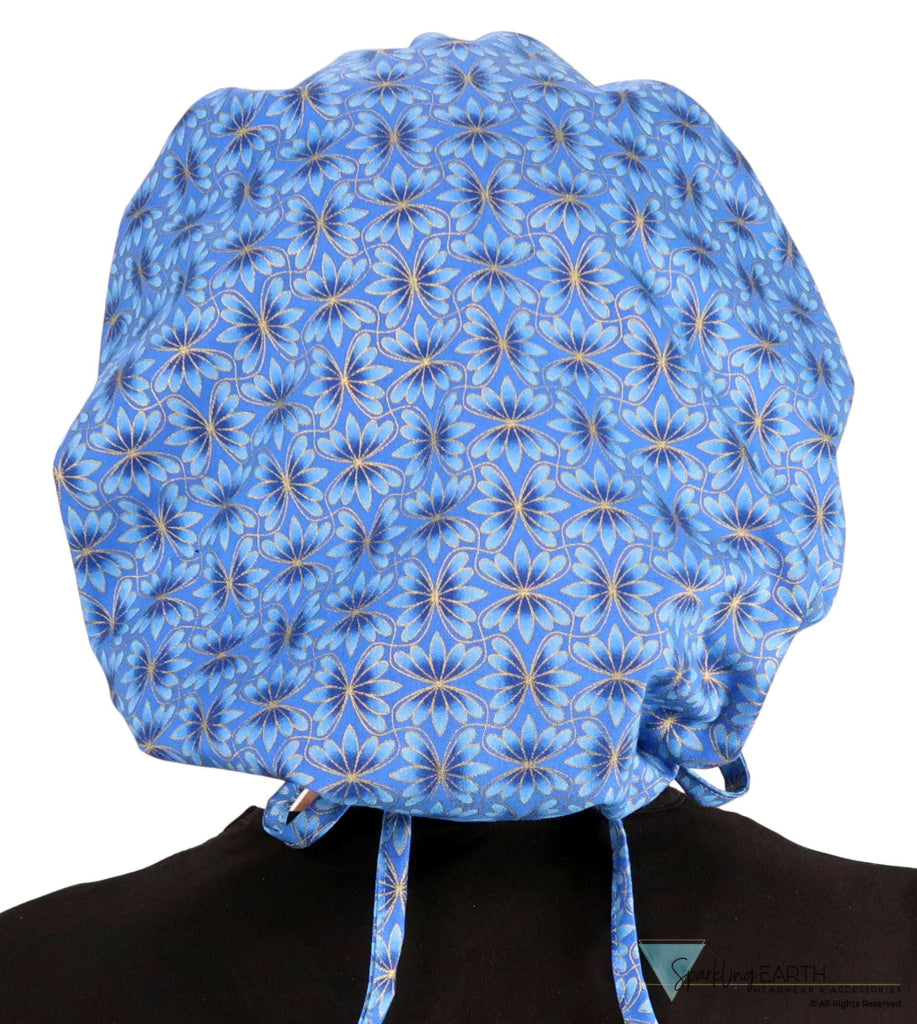 Banded Bouffant Surgical Scrub Cap - Golden Metallic Blue Blossoms - Banded Bouffant Surgical Scrub Caps - Sparkling EARTH
