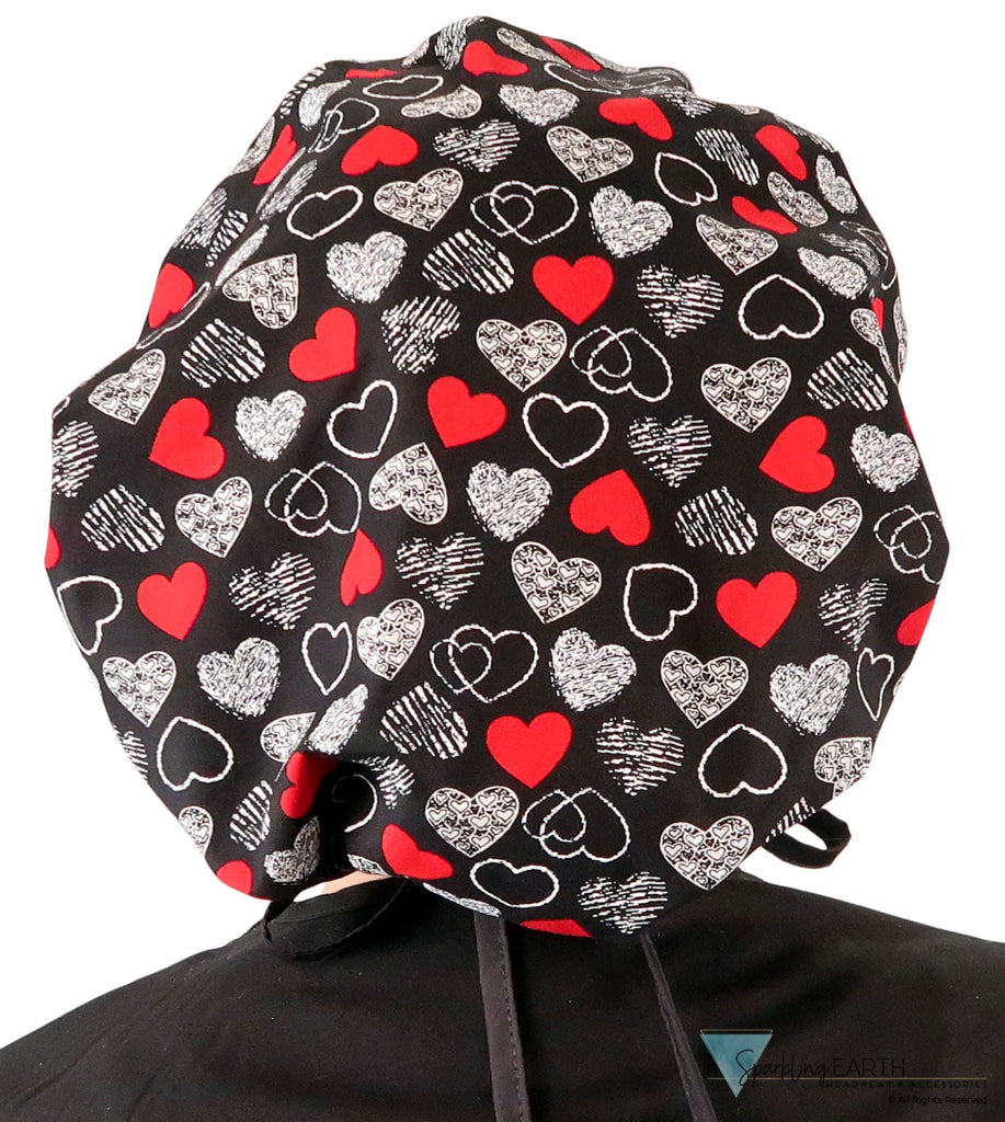 Banded Bouffant Ponytail Scrub Cap - Heartwarming Hearts with Black Ties Banded Bouffant Surgical Scrub Caps