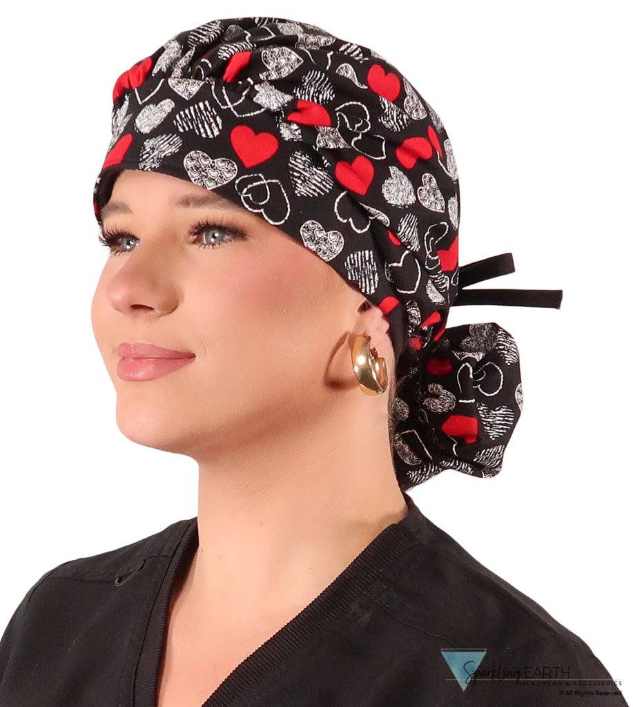 Banded Bouffant Ponytail Scrub Cap - Heartwarming Hearts with Black Ties Banded Bouffant Surgical Scrub Caps