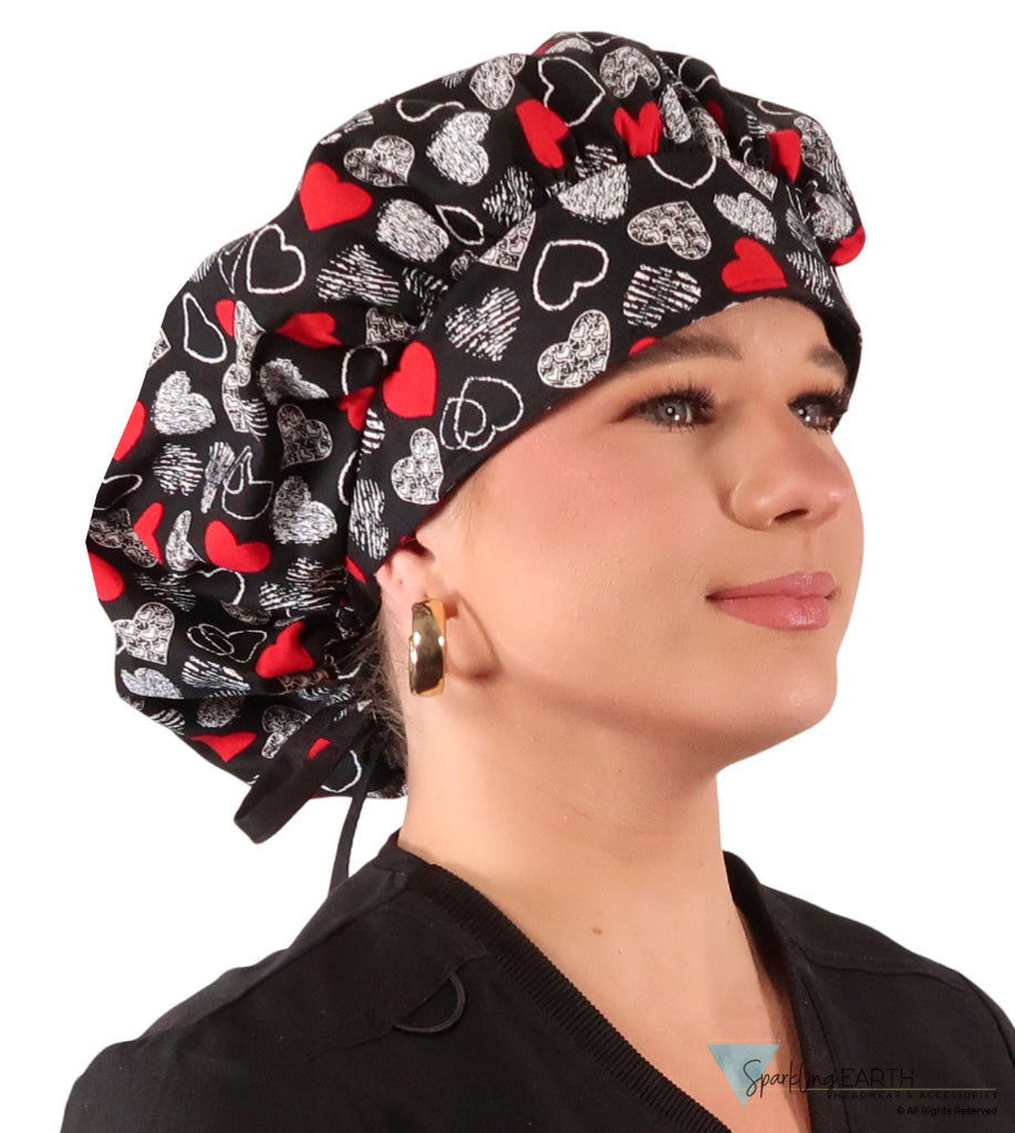 Banded Bouffant Ponytail Scrub Cap - Heartwarming Hearts with Black Ties Banded Bouffant Surgical Scrub Caps