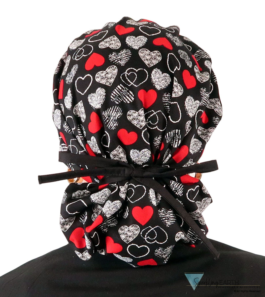 Banded Bouffant Ponytail Scrub Cap - Heartwarming Hearts with Black Ties Banded Bouffant Surgical Scrub Caps