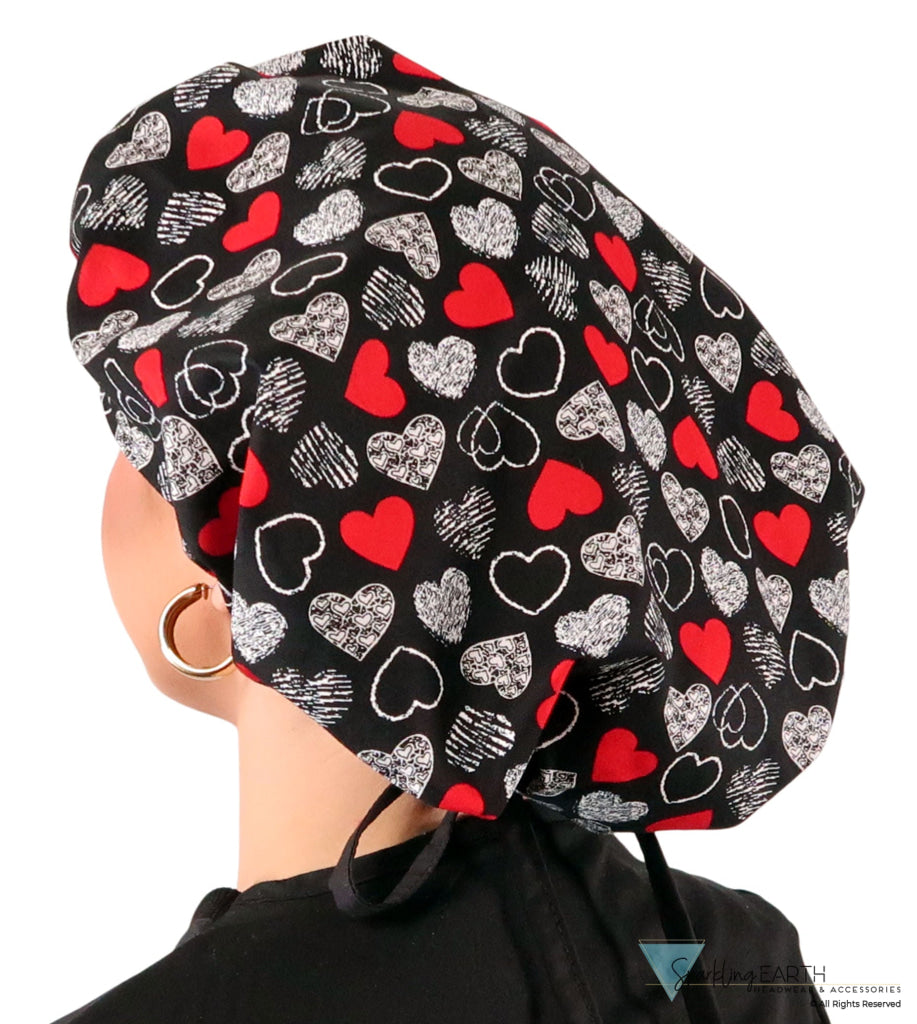 Banded Bouffant Ponytail Scrub Cap - Heartwarming Hearts with Black Ties Banded Bouffant Surgical Scrub Caps