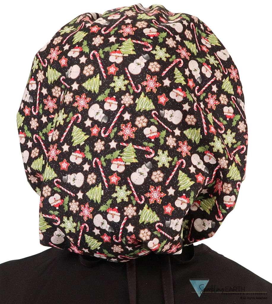 Banded Bouffant Surgical Scrub Cap - Holiday Happiness with Black Ties - Banded Bouffant Surgical Scrub Caps - Sparkling EARTH